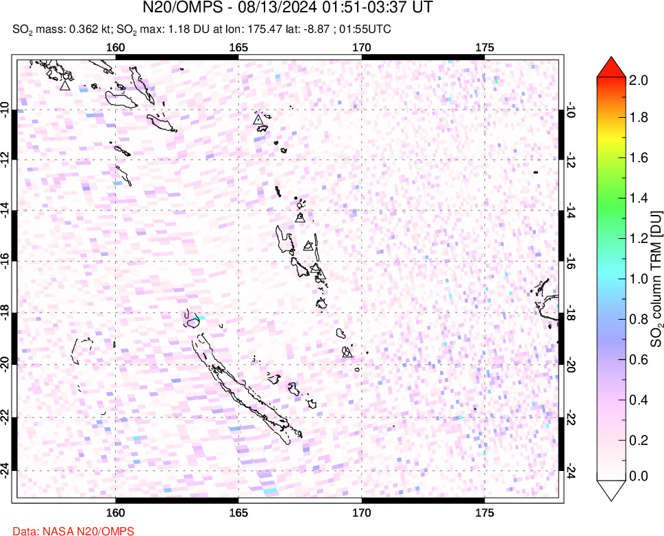 A sulfur dioxide image over Vanuatu, South Pacific on Aug 13, 2024.