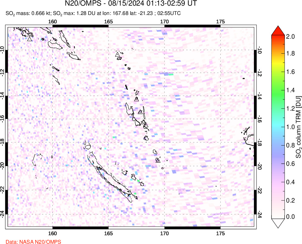 A sulfur dioxide image over Vanuatu, South Pacific on Aug 15, 2024.