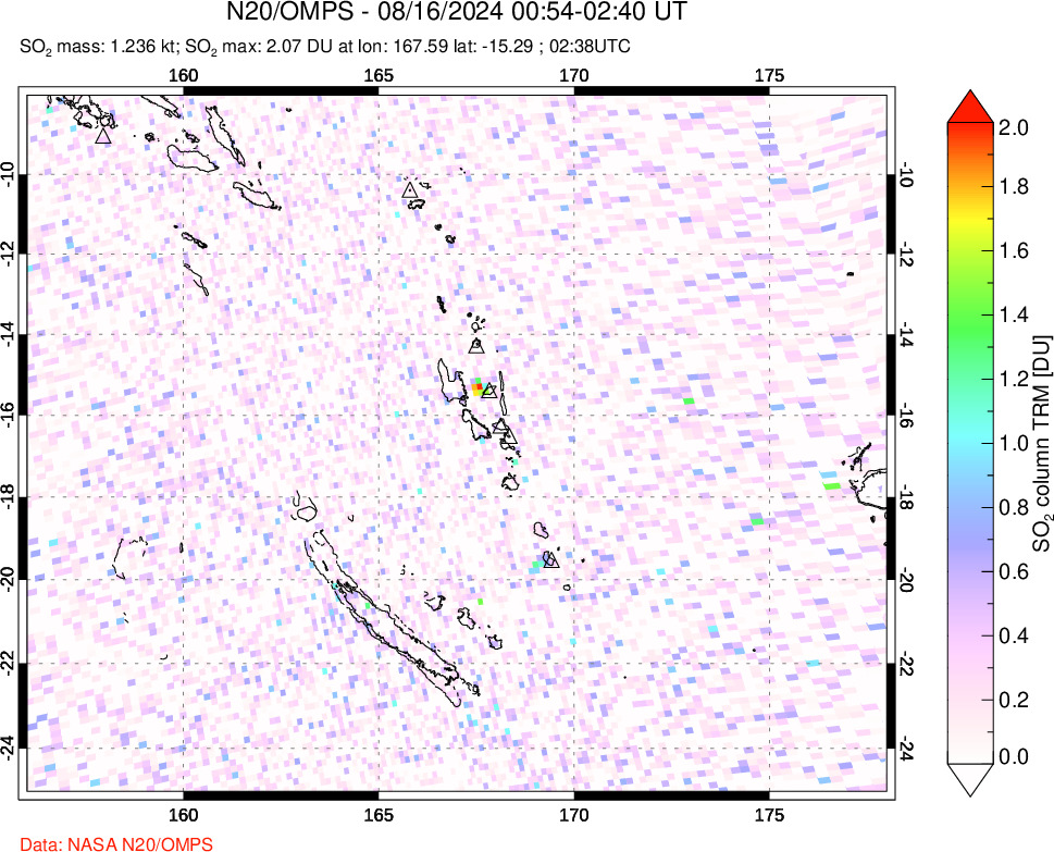 A sulfur dioxide image over Vanuatu, South Pacific on Aug 16, 2024.