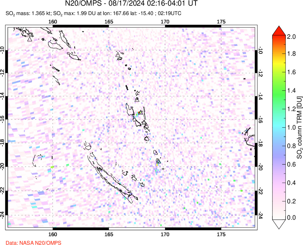 A sulfur dioxide image over Vanuatu, South Pacific on Aug 17, 2024.