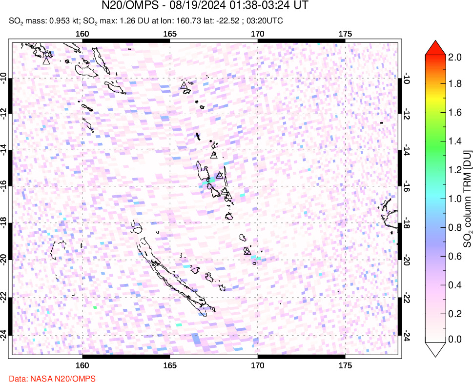 A sulfur dioxide image over Vanuatu, South Pacific on Aug 19, 2024.