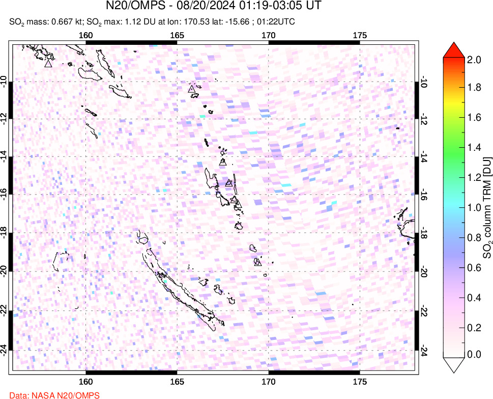 A sulfur dioxide image over Vanuatu, South Pacific on Aug 20, 2024.