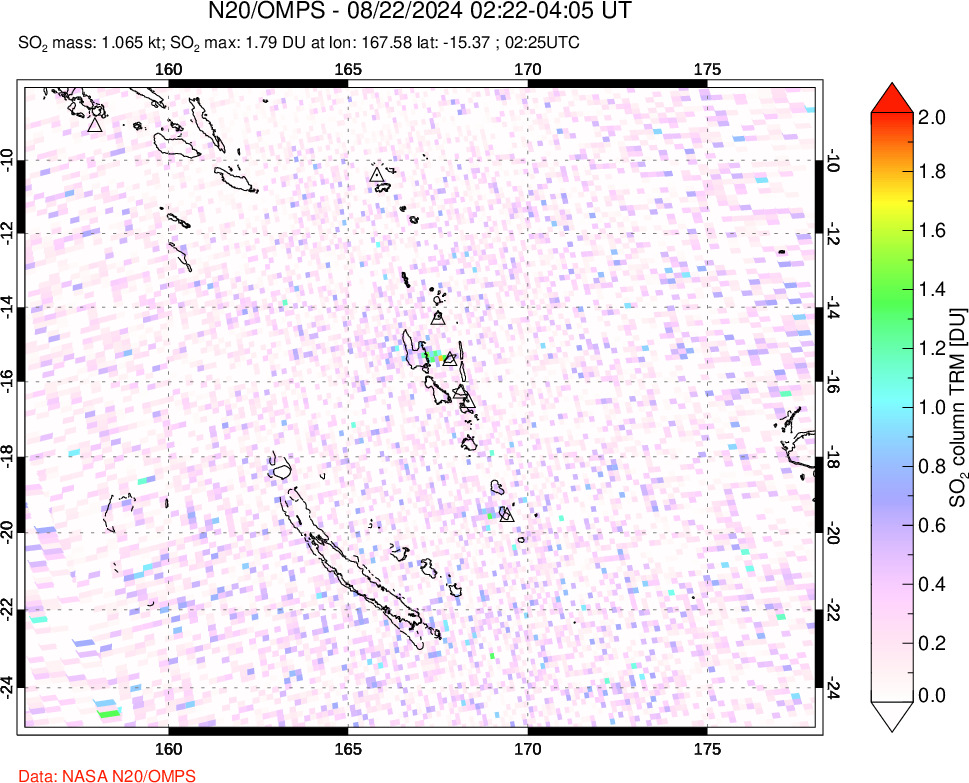 A sulfur dioxide image over Vanuatu, South Pacific on Aug 22, 2024.