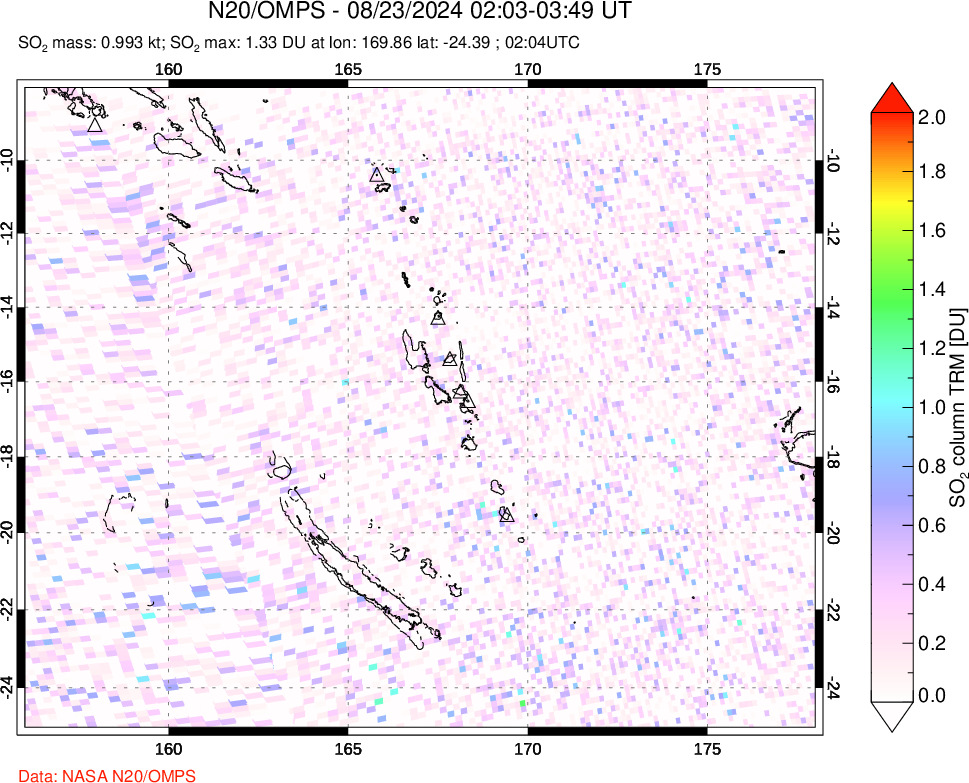 A sulfur dioxide image over Vanuatu, South Pacific on Aug 23, 2024.