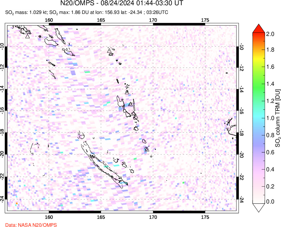 A sulfur dioxide image over Vanuatu, South Pacific on Aug 24, 2024.