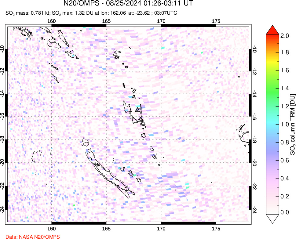 A sulfur dioxide image over Vanuatu, South Pacific on Aug 25, 2024.