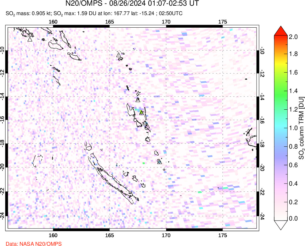 A sulfur dioxide image over Vanuatu, South Pacific on Aug 26, 2024.