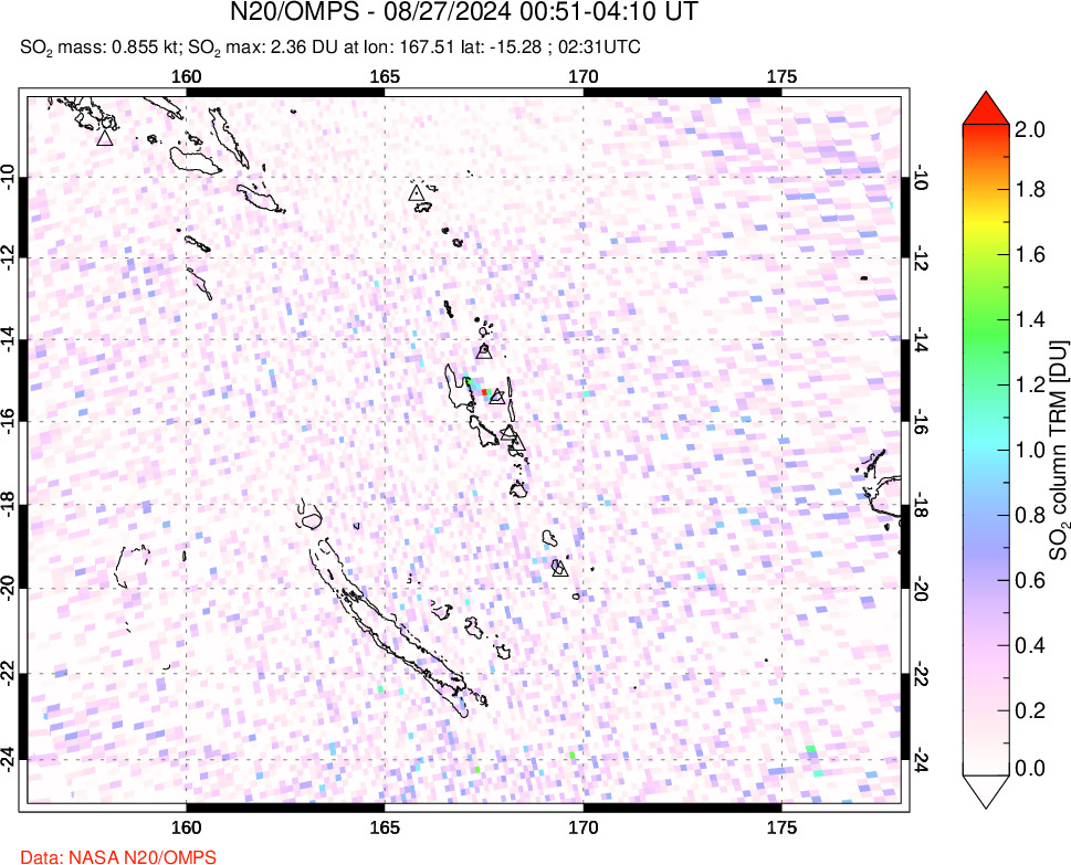 A sulfur dioxide image over Vanuatu, South Pacific on Aug 27, 2024.