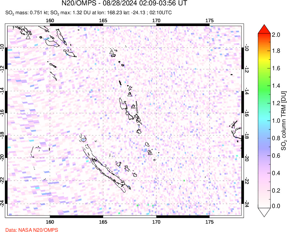 A sulfur dioxide image over Vanuatu, South Pacific on Aug 28, 2024.