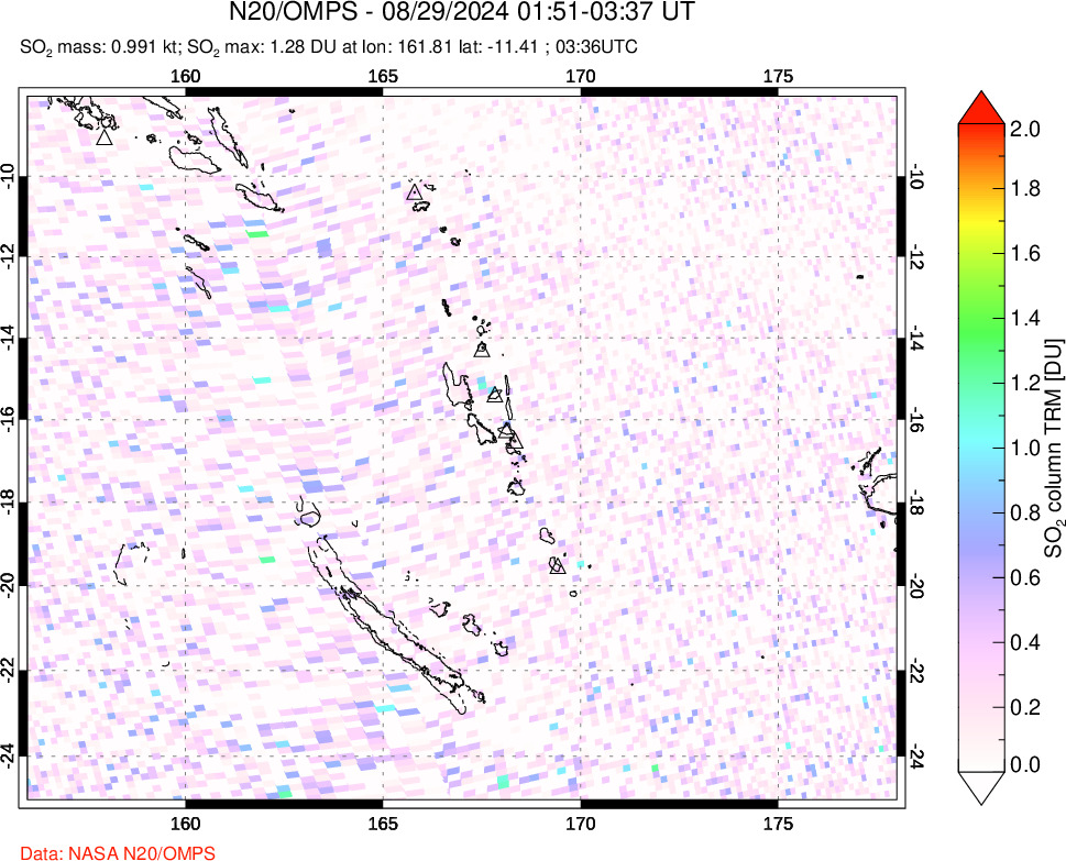 A sulfur dioxide image over Vanuatu, South Pacific on Aug 29, 2024.