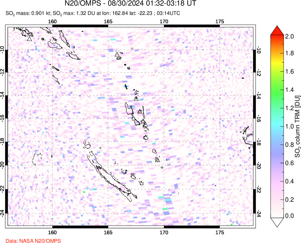 A sulfur dioxide image over Vanuatu, South Pacific on Aug 30, 2024.