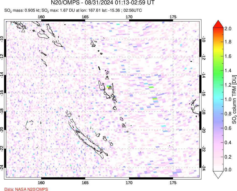 A sulfur dioxide image over Vanuatu, South Pacific on Aug 31, 2024.