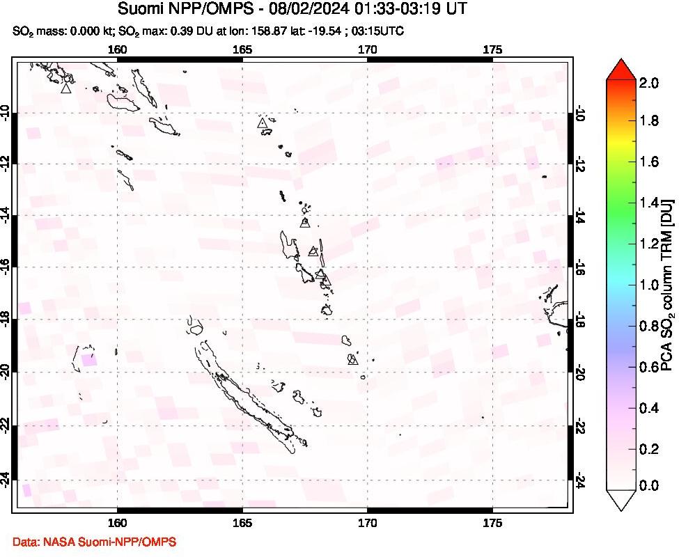 A sulfur dioxide image over Vanuatu, South Pacific on Aug 02, 2024.