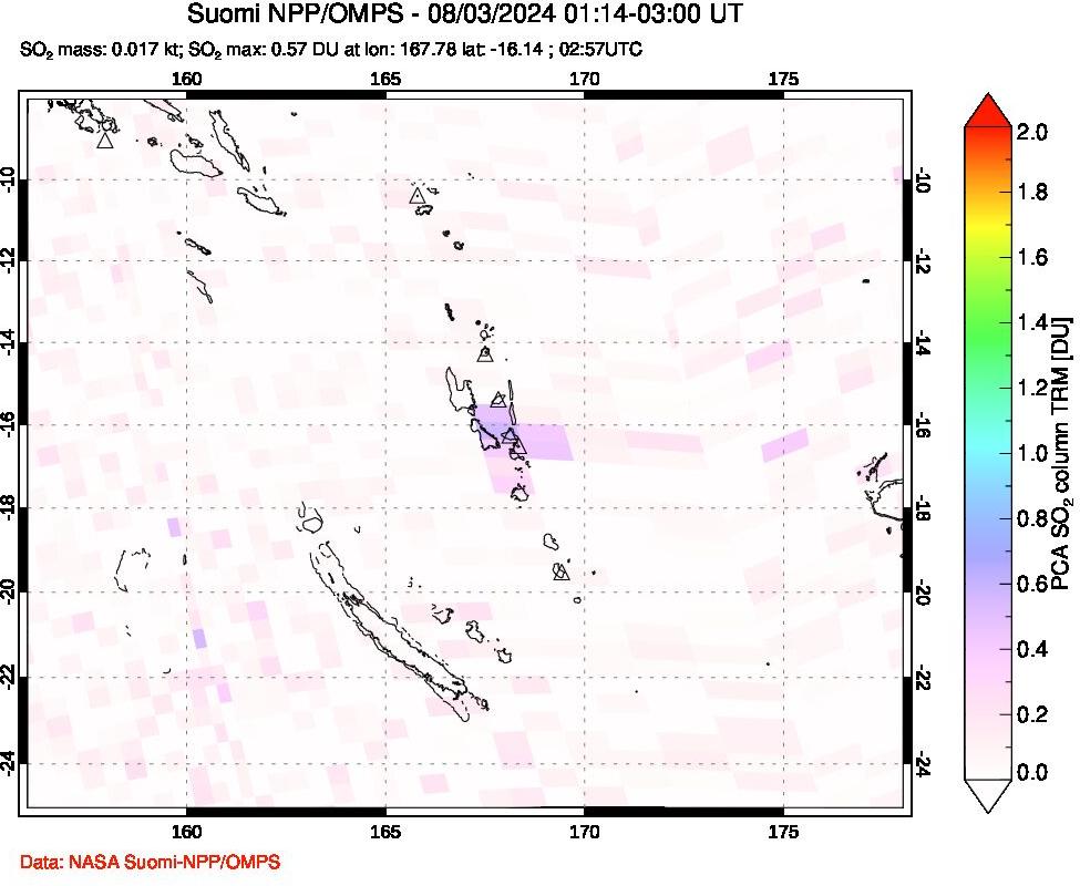 A sulfur dioxide image over Vanuatu, South Pacific on Aug 03, 2024.