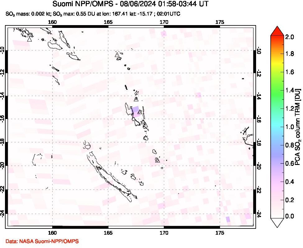 A sulfur dioxide image over Vanuatu, South Pacific on Aug 06, 2024.