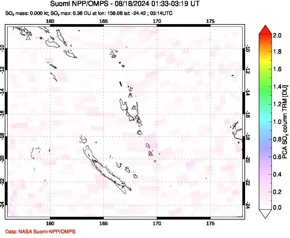 A sulfur dioxide image over Vanuatu, South Pacific on Aug 18, 2024.