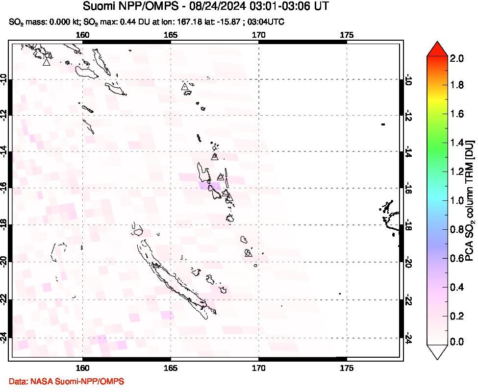 A sulfur dioxide image over Vanuatu, South Pacific on Aug 24, 2024.