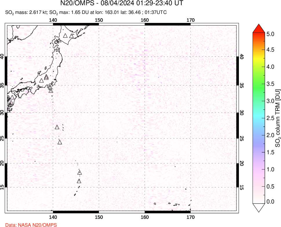 A sulfur dioxide image over Western Pacific on Aug 04, 2024.