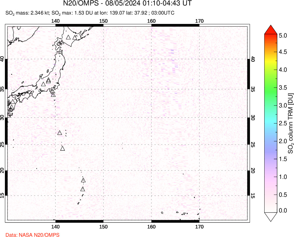 A sulfur dioxide image over Western Pacific on Aug 05, 2024.