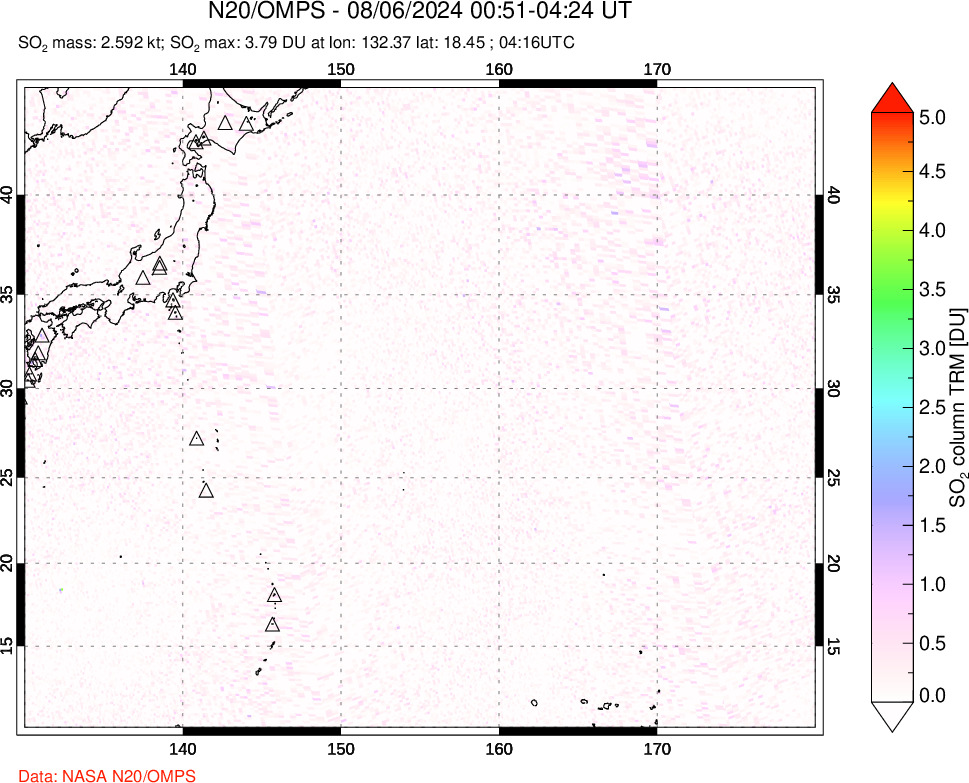 A sulfur dioxide image over Western Pacific on Aug 06, 2024.