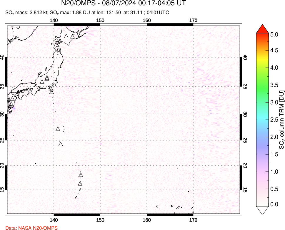 A sulfur dioxide image over Western Pacific on Aug 07, 2024.