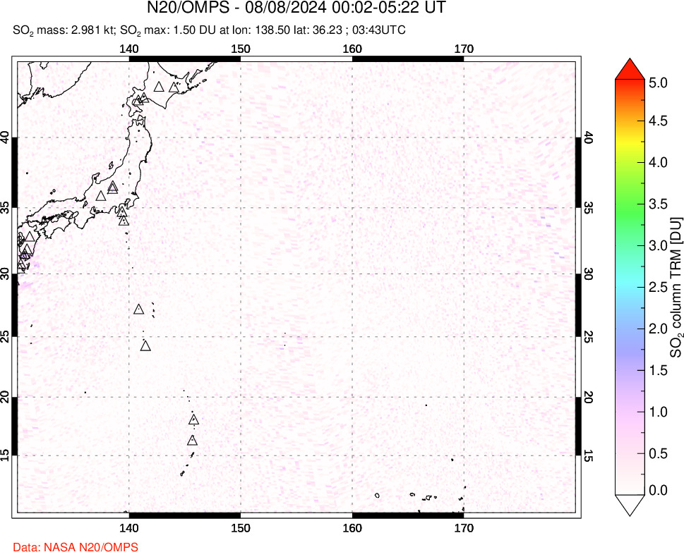 A sulfur dioxide image over Western Pacific on Aug 08, 2024.