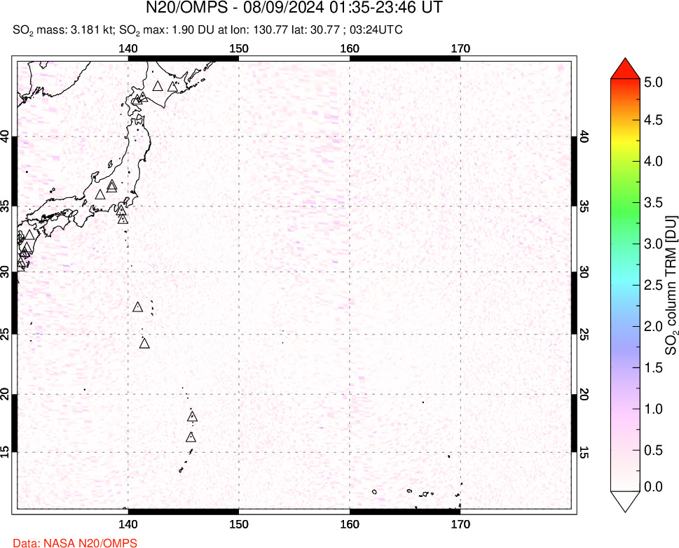 A sulfur dioxide image over Western Pacific on Aug 09, 2024.