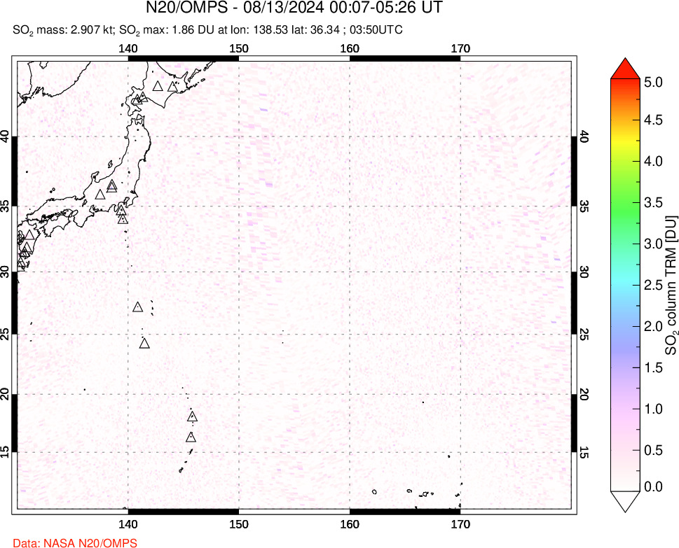 A sulfur dioxide image over Western Pacific on Aug 13, 2024.