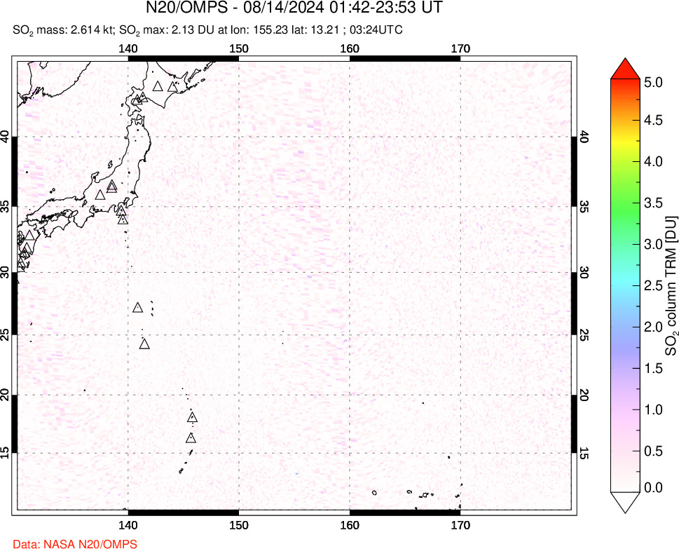 A sulfur dioxide image over Western Pacific on Aug 14, 2024.