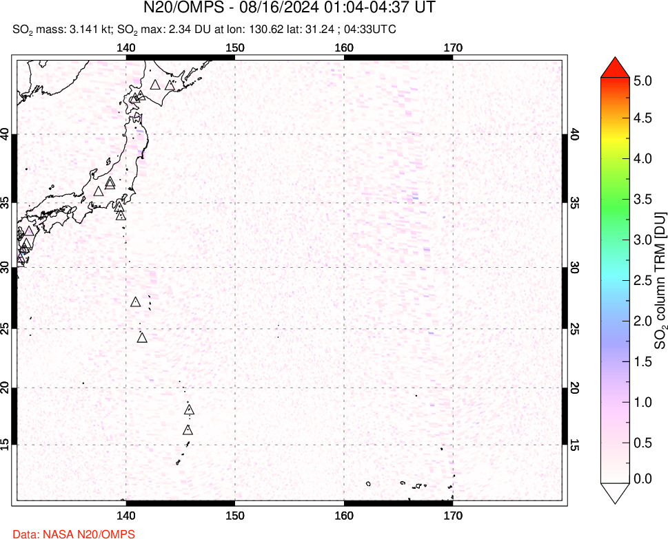 A sulfur dioxide image over Western Pacific on Aug 16, 2024.