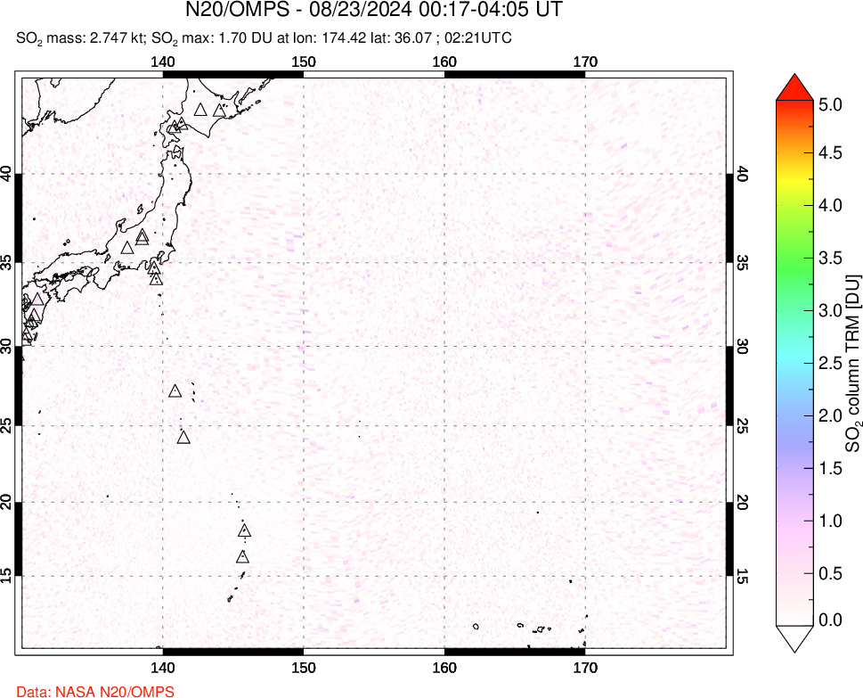 A sulfur dioxide image over Western Pacific on Aug 23, 2024.