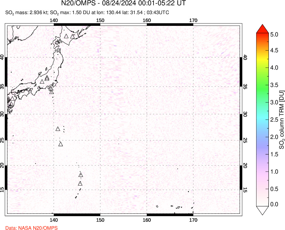 A sulfur dioxide image over Western Pacific on Aug 24, 2024.