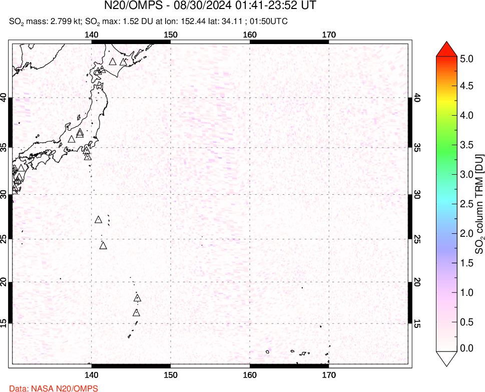 A sulfur dioxide image over Western Pacific on Aug 30, 2024.