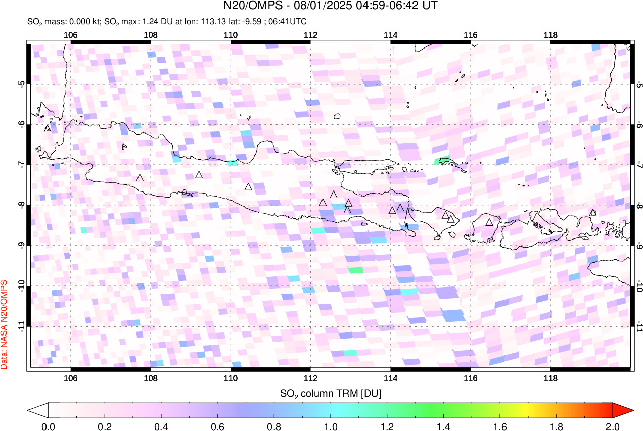 A sulfur dioxide image over Java, Indonesia on Aug 01, 2025.