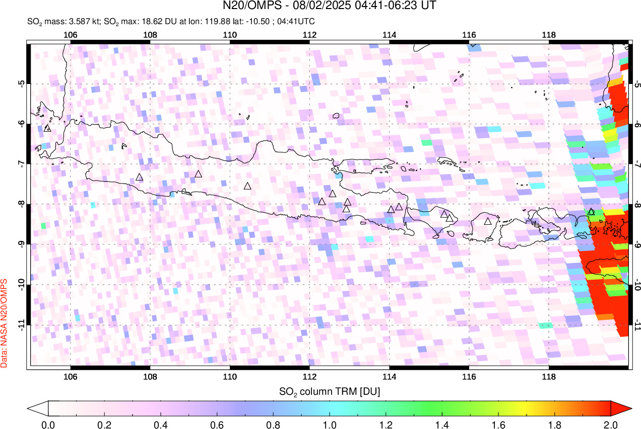 A sulfur dioxide image over Java, Indonesia on Aug 02, 2025.