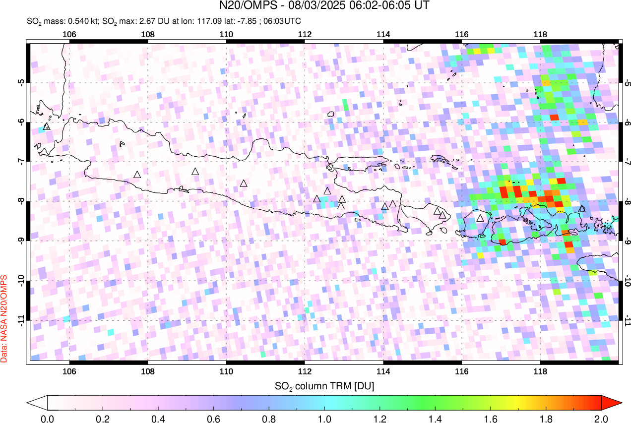 A sulfur dioxide image over Java, Indonesia on Aug 03, 2025.