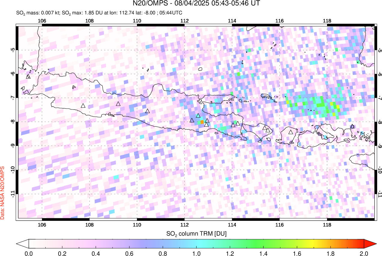A sulfur dioxide image over Java, Indonesia on Aug 04, 2025.