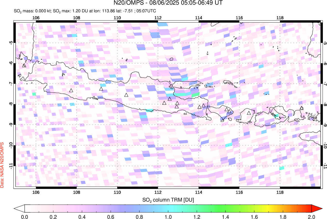 A sulfur dioxide image over Java, Indonesia on Aug 06, 2025.
