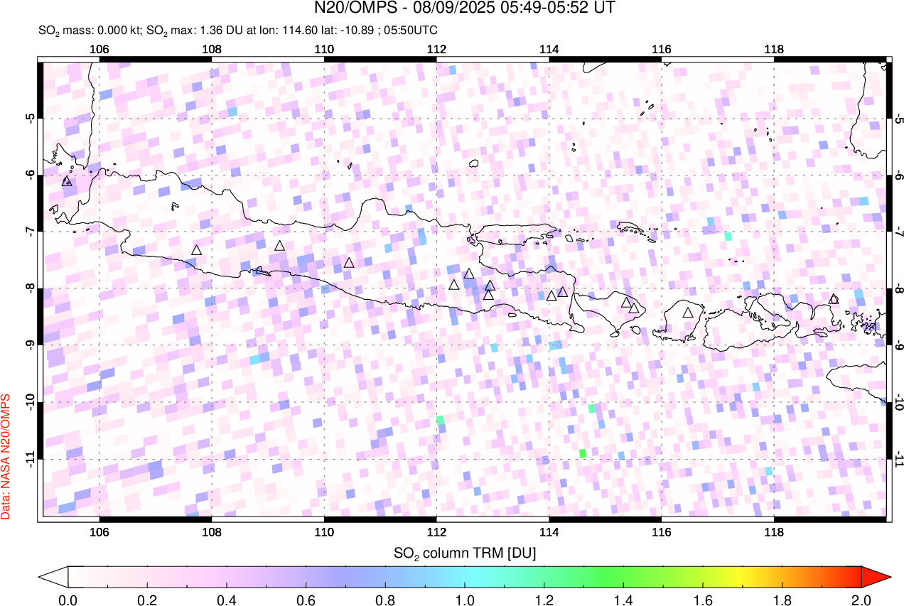 A sulfur dioxide image over Java, Indonesia on Aug 09, 2025.