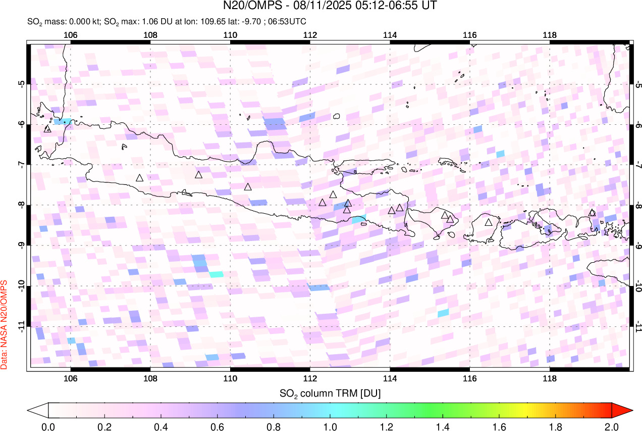 A sulfur dioxide image over Java, Indonesia on Aug 11, 2025.
