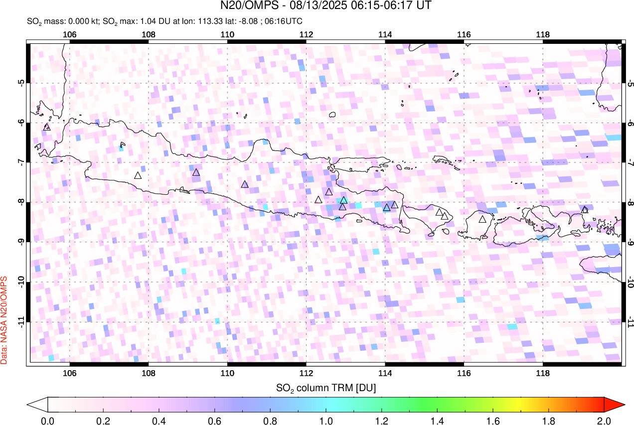 A sulfur dioxide image over Java, Indonesia on Aug 13, 2025.