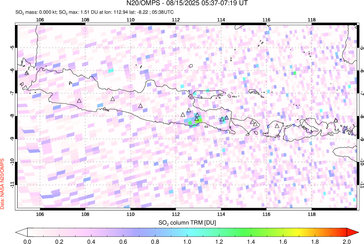 A sulfur dioxide image over Java, Indonesia on Aug 15, 2025.
