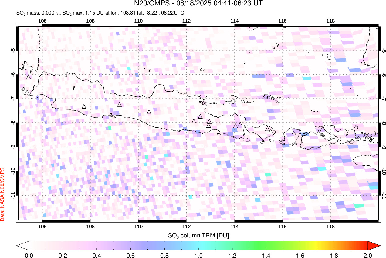 A sulfur dioxide image over Java, Indonesia on Aug 18, 2025.