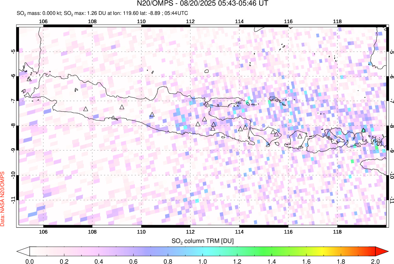 A sulfur dioxide image over Java, Indonesia on Aug 20, 2025.
