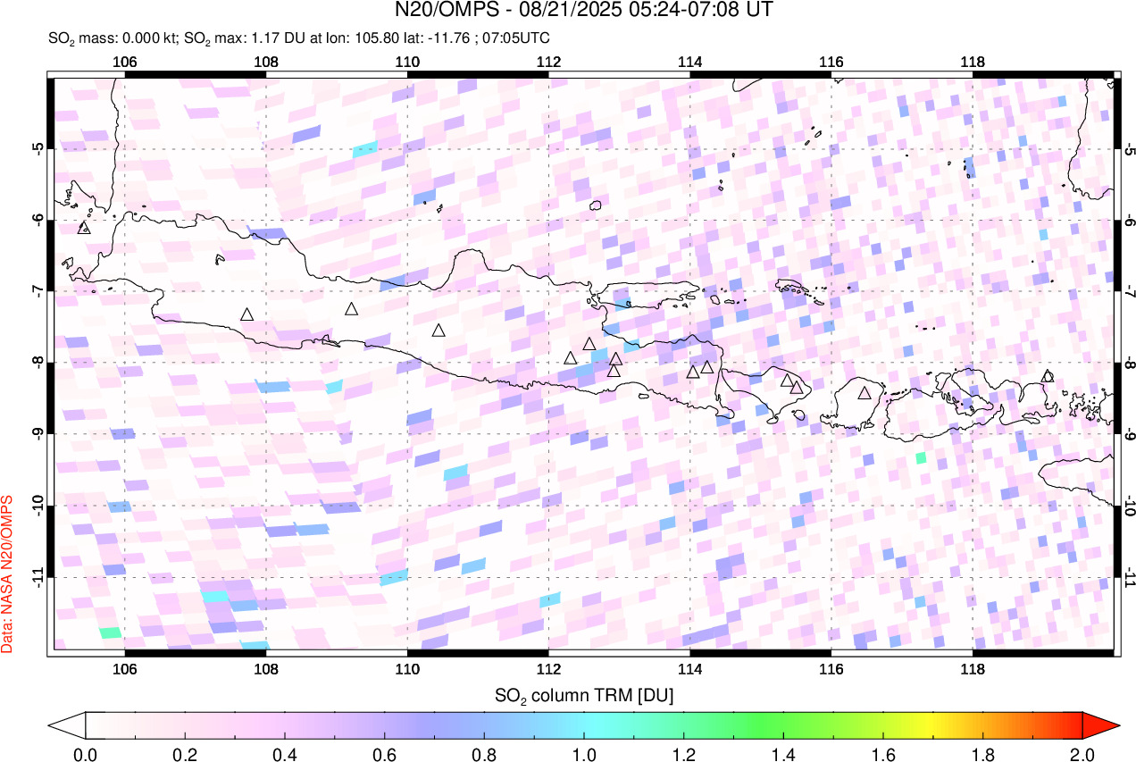 A sulfur dioxide image over Java, Indonesia on Aug 21, 2025.