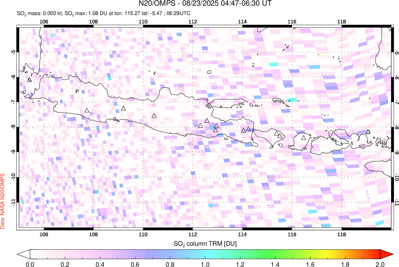 A sulfur dioxide image over Java, Indonesia on Aug 23, 2025.