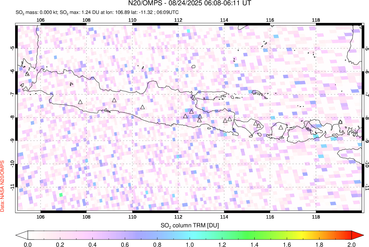 A sulfur dioxide image over Java, Indonesia on Aug 24, 2025.