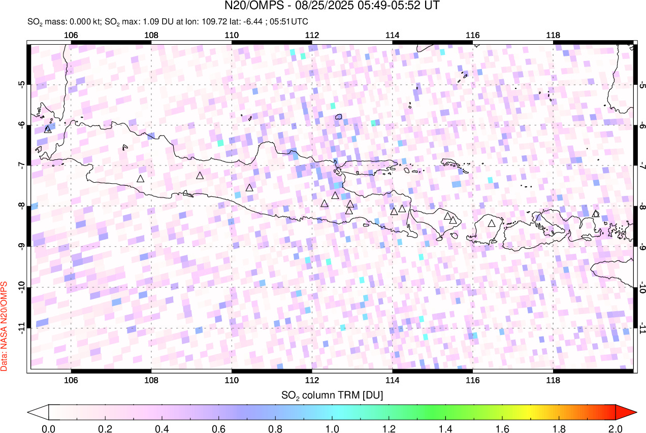 A sulfur dioxide image over Java, Indonesia on Aug 25, 2025.