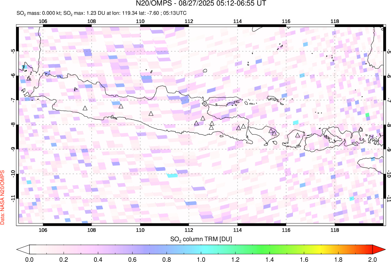 A sulfur dioxide image over Java, Indonesia on Aug 27, 2025.