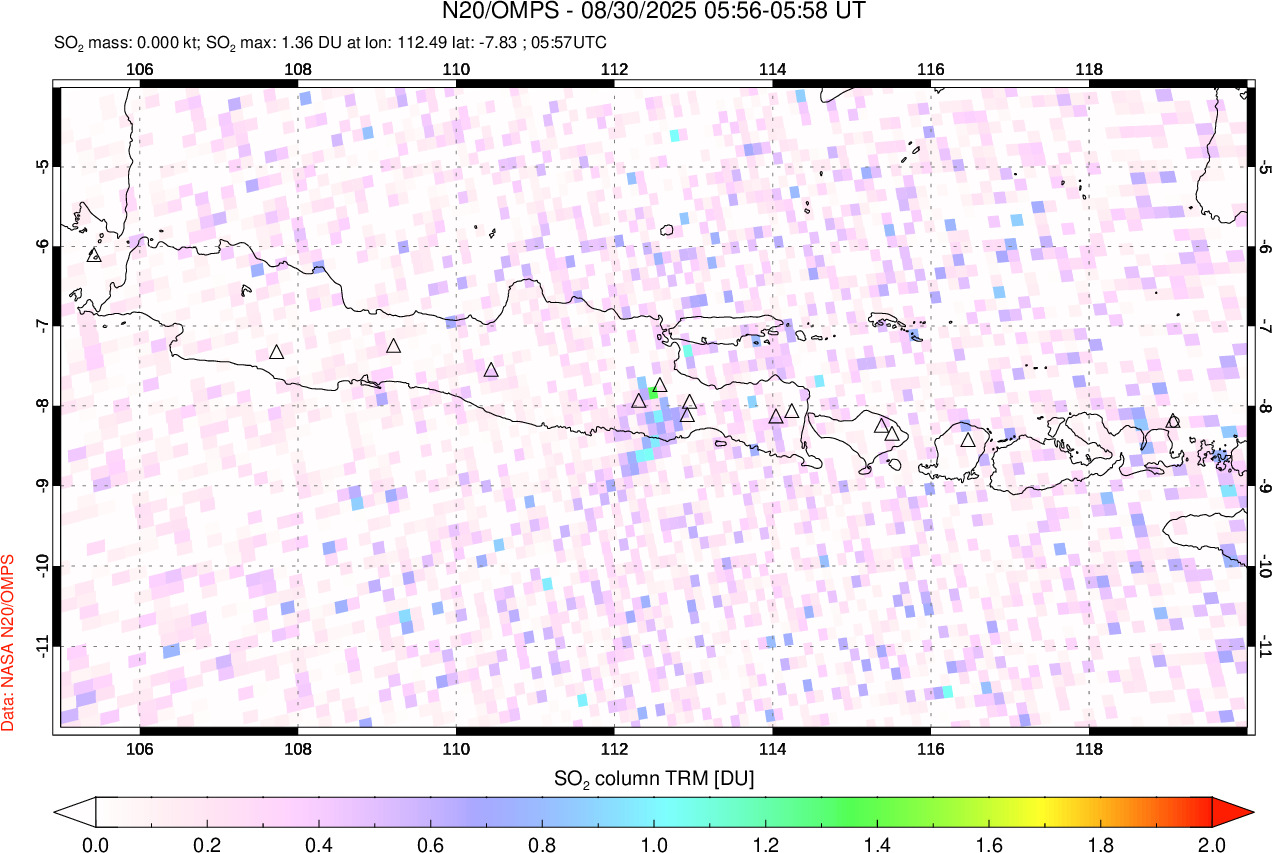 A sulfur dioxide image over Java, Indonesia on Aug 30, 2025.